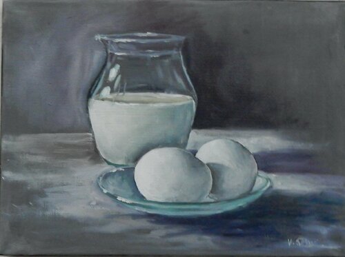 Eggs and milk jug .Still life. von Vita Schagen, Malerei kaufen auf Singulart