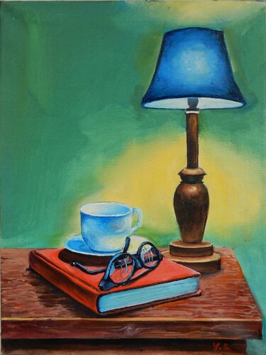 Still life: books and lamp. par Vita Schagen, Peinture en vente sur Singulart