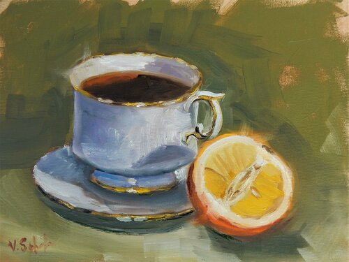 Teatime. still life: tea cup and orange. Vita Schagen