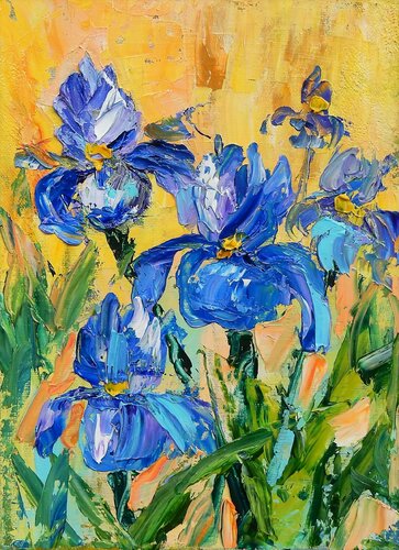 Bright flowers, bouquet. Irises. par Vita Schagen, Peinture en vente sur Singulart