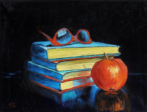 Books and apple. par Vita Schagen, Peinture en vente sur Singulart