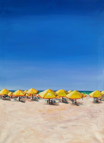 At the beach. Yellow umbrellas. par Vita Schagen, Peinture en vente sur Singulart