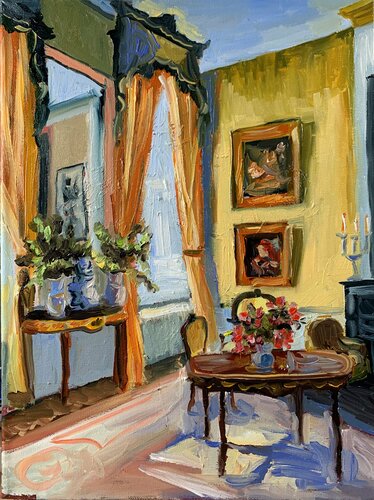 Room interior with a table. Vintage living room. par Vita Schagen, Peinture en vente sur Singulart