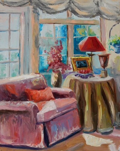 Room interior with the pink couch. par Vita Schagen, Peinture en vente sur Singulart