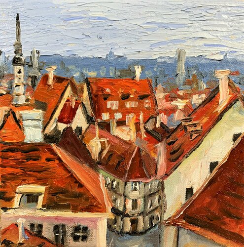 Red Roofs of Tallin. St. Olav's Church, Estonia. Palette knife. par Vita Schagen, Peinture en vente sur Singulart