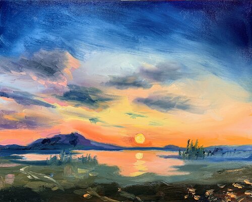 Sunset by the lake. Landscape. par Vita Schagen, Peinture en vente sur Singulart