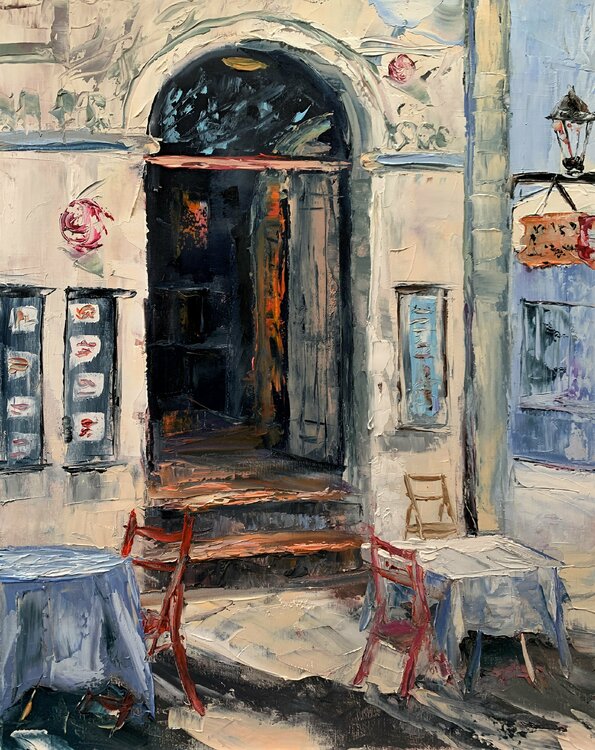 French cafe. France oil painting. Palette knife impasto painting. Vita Schagen