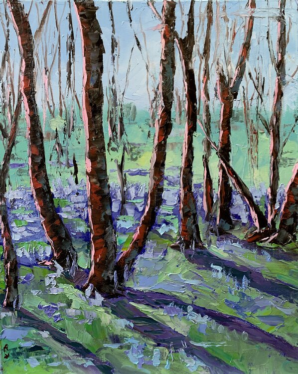 Landscape. Bluebells clearing in the forest. Original impasto, Palette knife oil painting. Vita Schagen