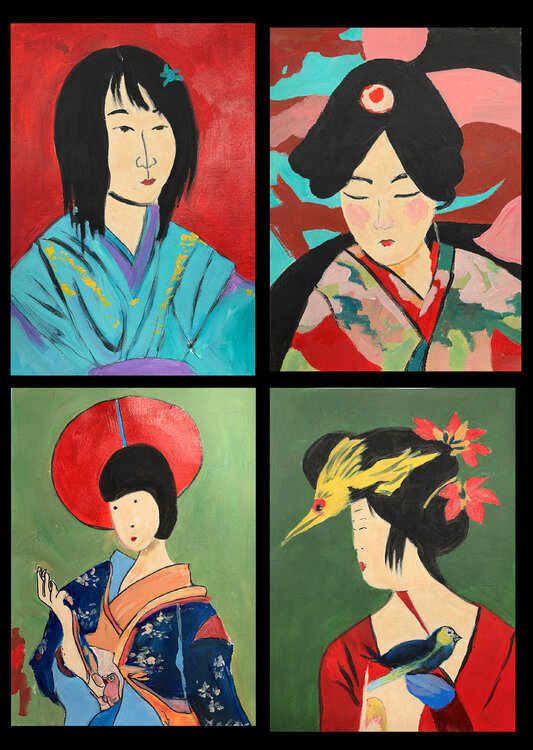 JAPANESE BEAUTY. Set of 4 paintings A4 size. N2. Vita Schagen