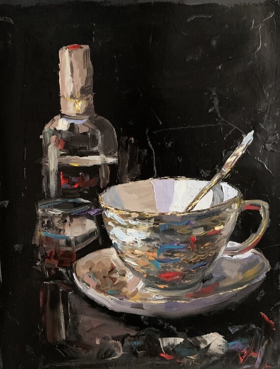 TEA CUP AND WINE ON BLACK. Vita Schagen