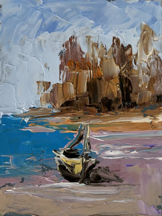 Landscape with an old yacht by the lake. Vita Schagen