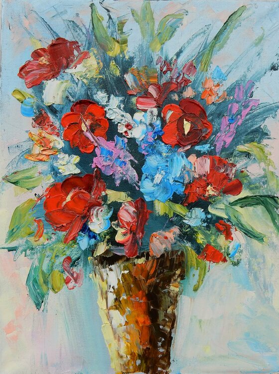 Bright flowers, bouquet of flowers in a vase. Still life. Vita Schagen