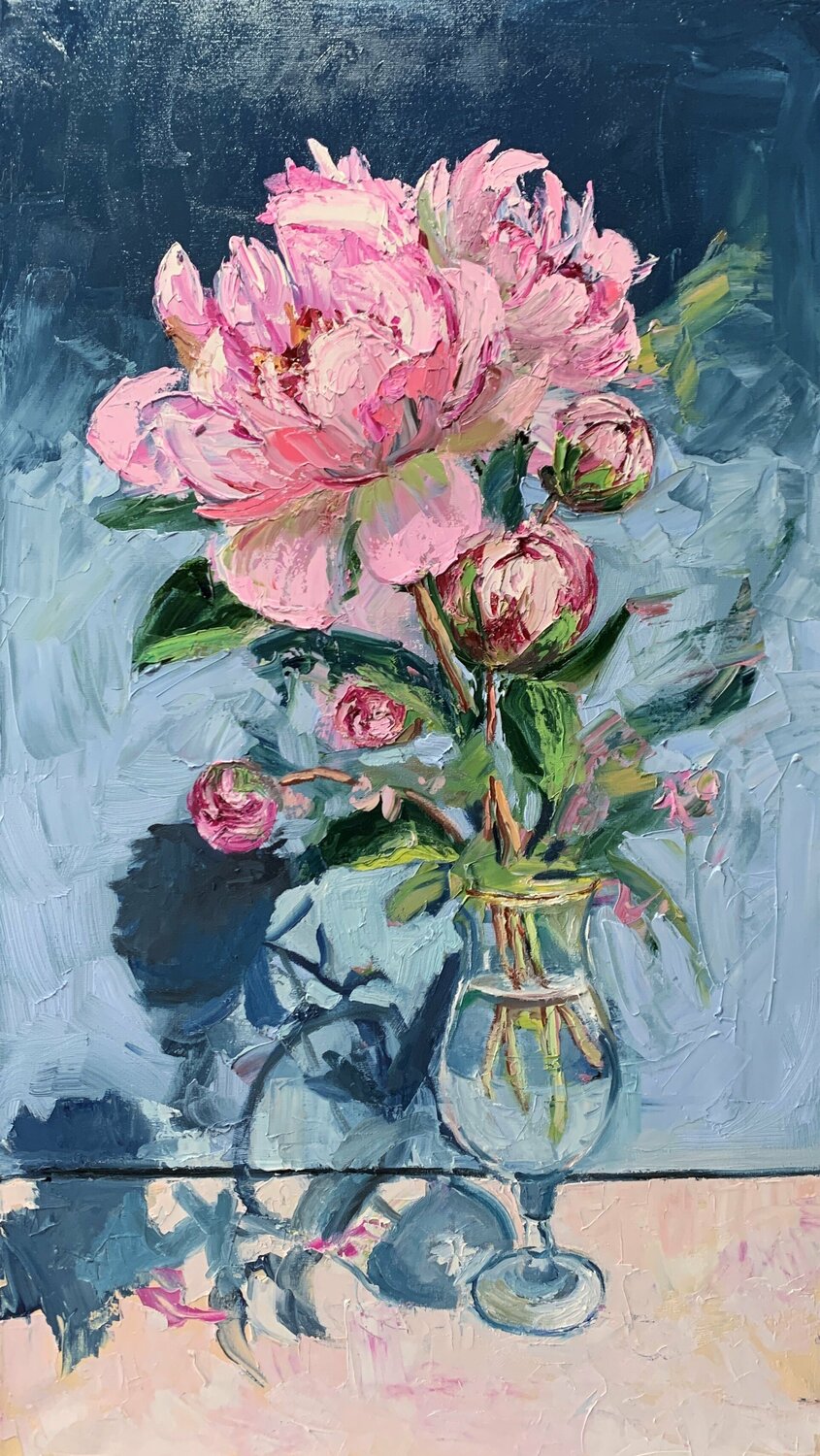 Peony flower. Palette knife, Impasto. Vita Schagen