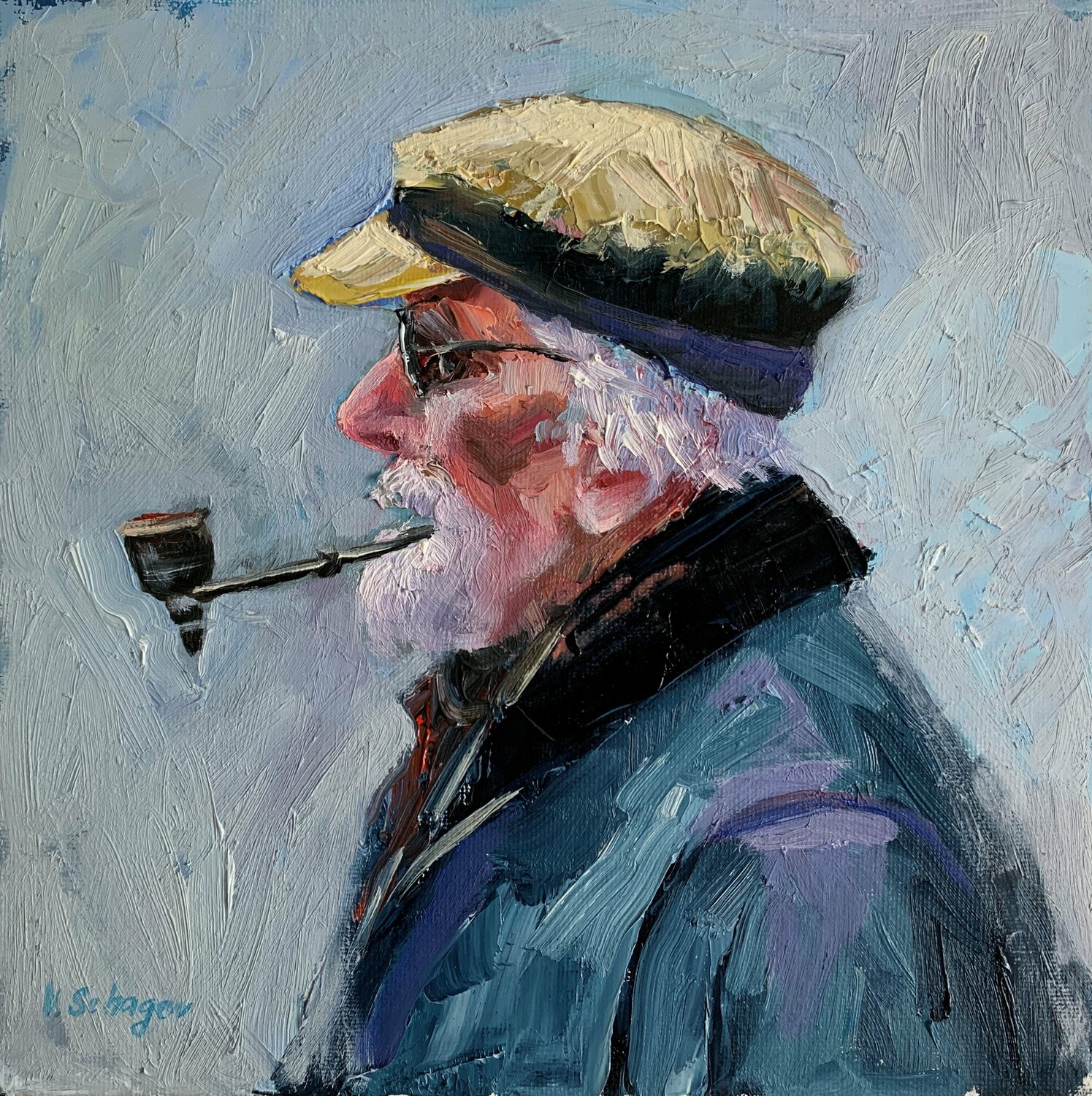 Man with a pipe. Palette knife original painting Vita Schagen Originalgemälde zu verkaufen