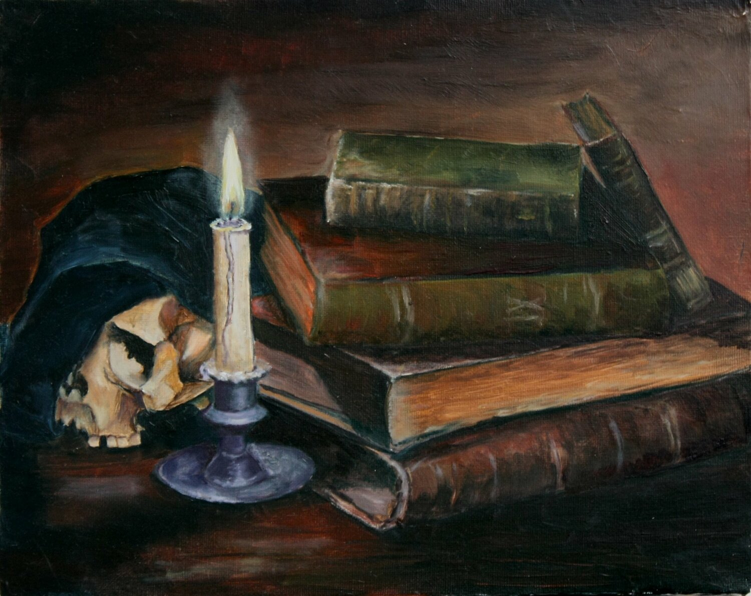 Still life with the books and candle. Vita Schagen Originalgemälde zu verkaufen
