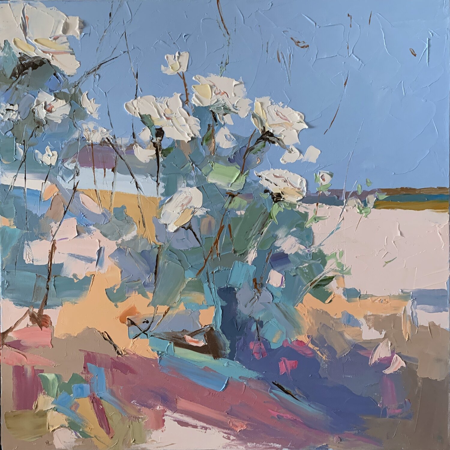Landscape with a bush of white roses. Vita Schagen Originalgemälde zu verkaufen