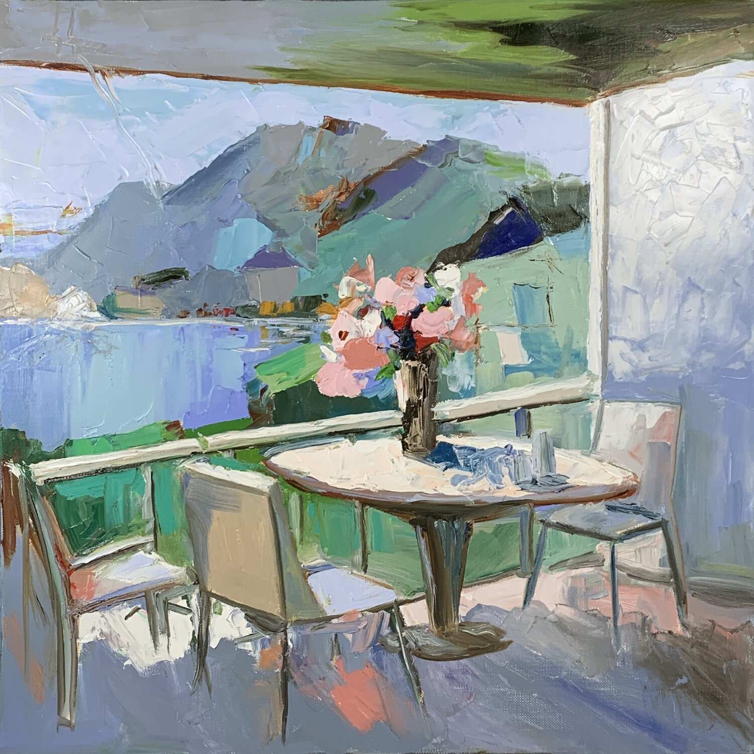 Summer veranda. Switzerland. Lake Jeneva. Vita Schagen Originalgemälde zu verkaufen