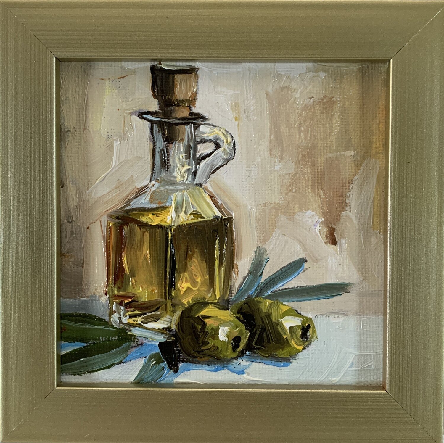 Still life with olive oil and olives. Vita Schagen Peinture originale à vendre