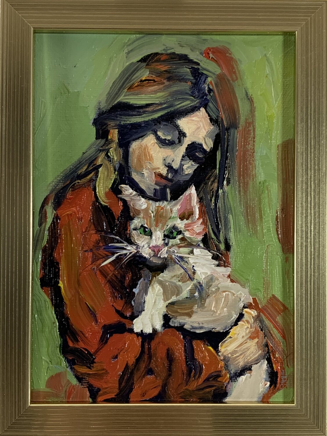 Heartfelt Connection. Cat and Girl. Vita Schagen Originalgemälde zu verkaufen