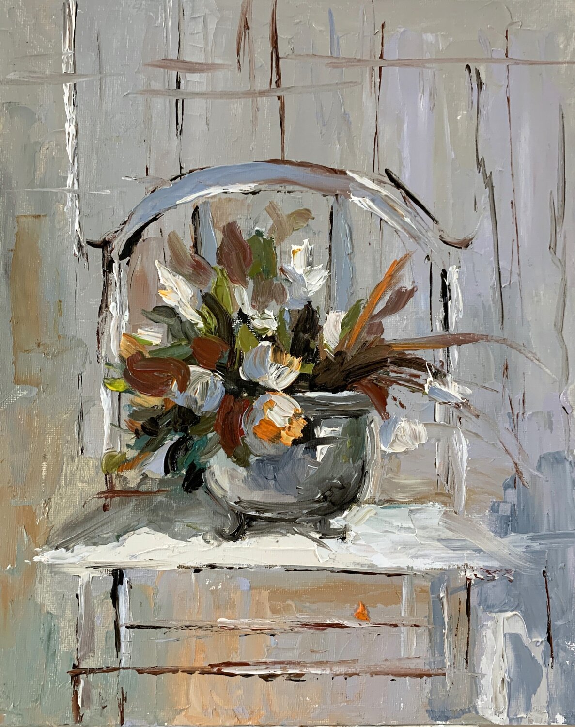 Flowers and plants in a silver pot. Vita Schagen Originalgemälde zu verkaufen