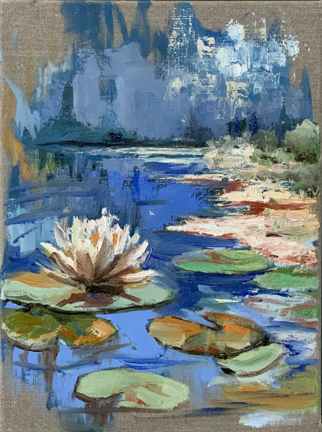 Water Lily pond in the Blue. Vita Schagen Originalgemälde zu verkaufen