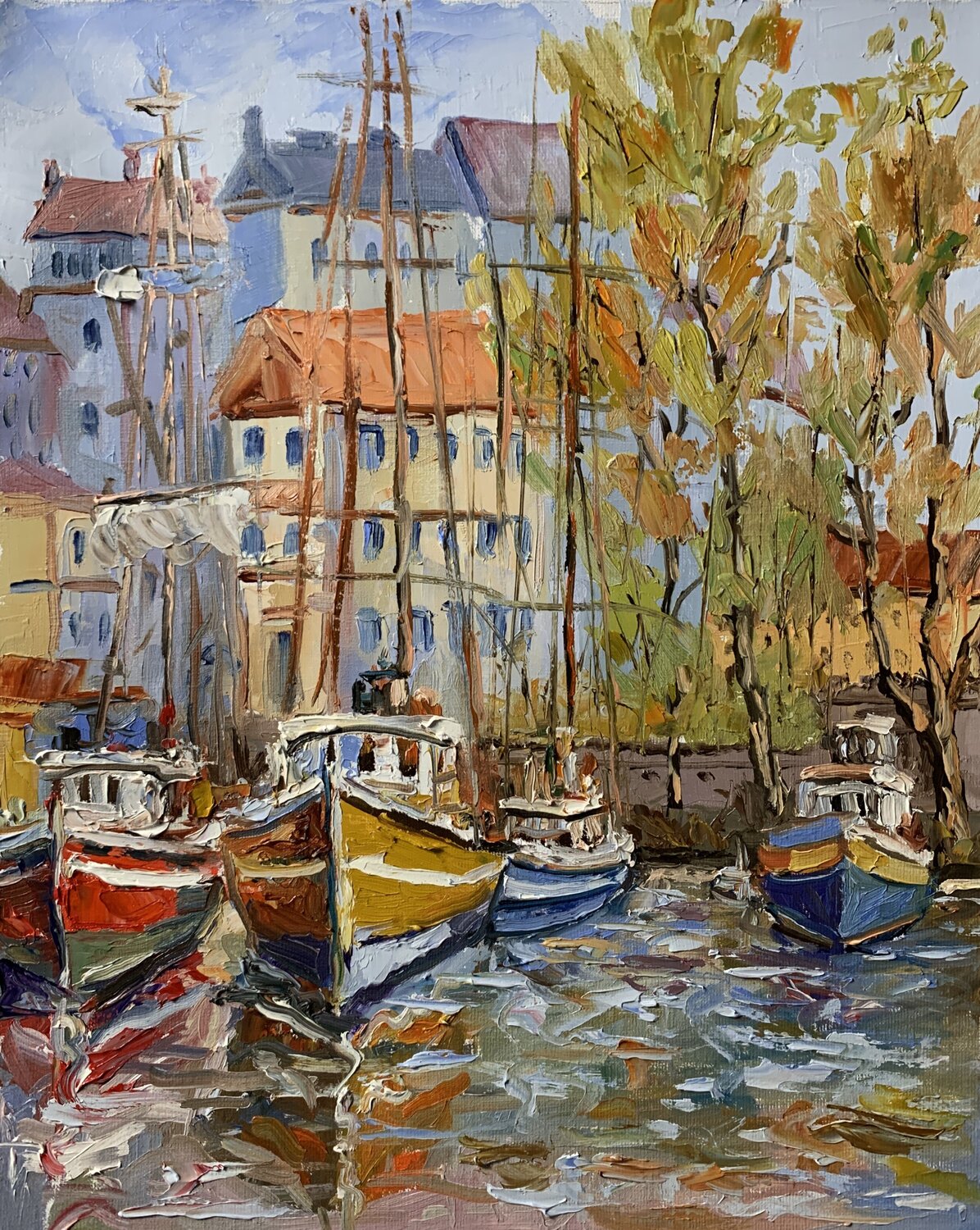 Coastal Kaleidoscope of yachts. Vita Schagen Originalgemälde zu verkaufen