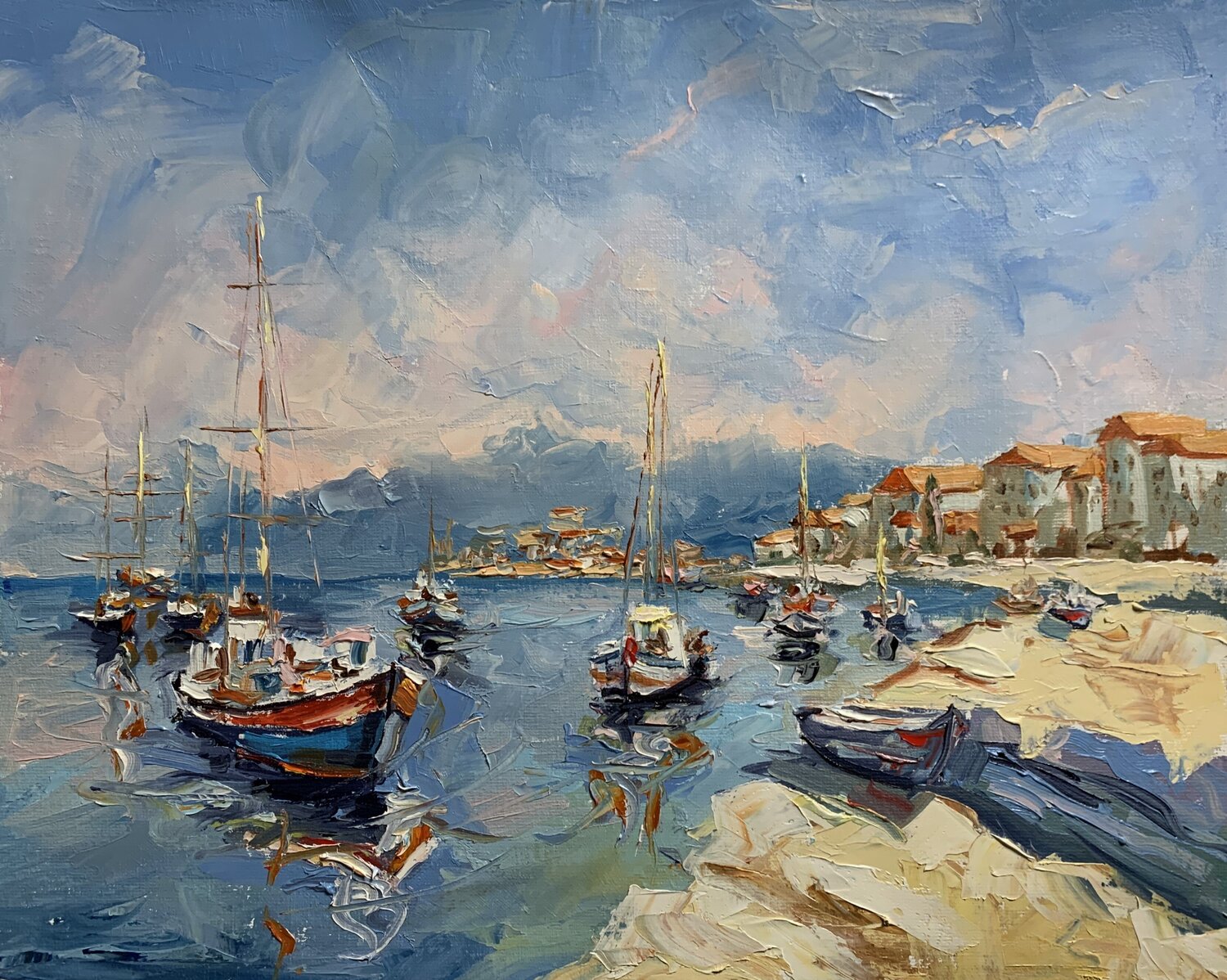 Coastal Kaleidoscope of yachts. Vita Schagen Originalgemälde zu verkaufen