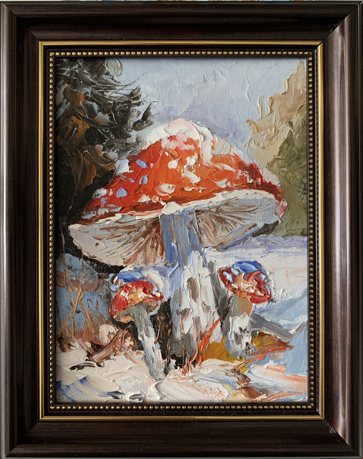 Fly agarics in winter forest.#10. Landscape with mushrooms. Vita Schagen Originalgemälde zu verkaufen