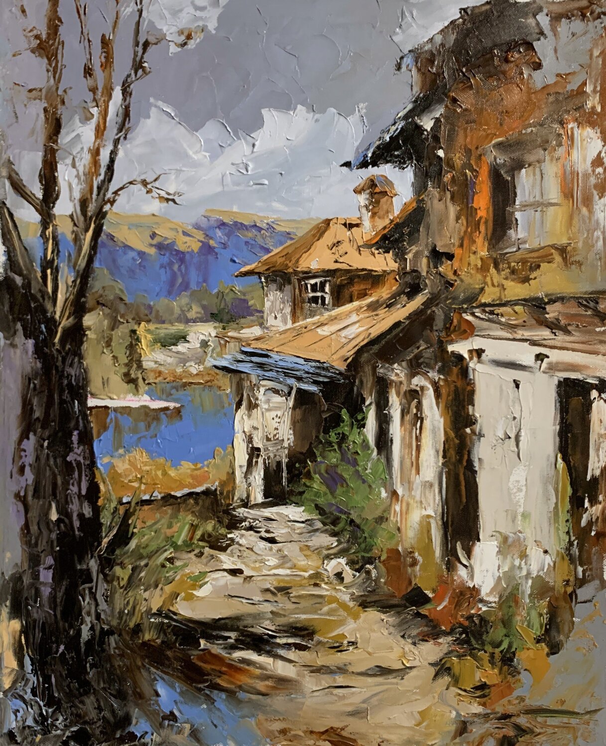 Rustic Village Landscape by the Water. Vita Schagen Originalgemälde zu verkaufen