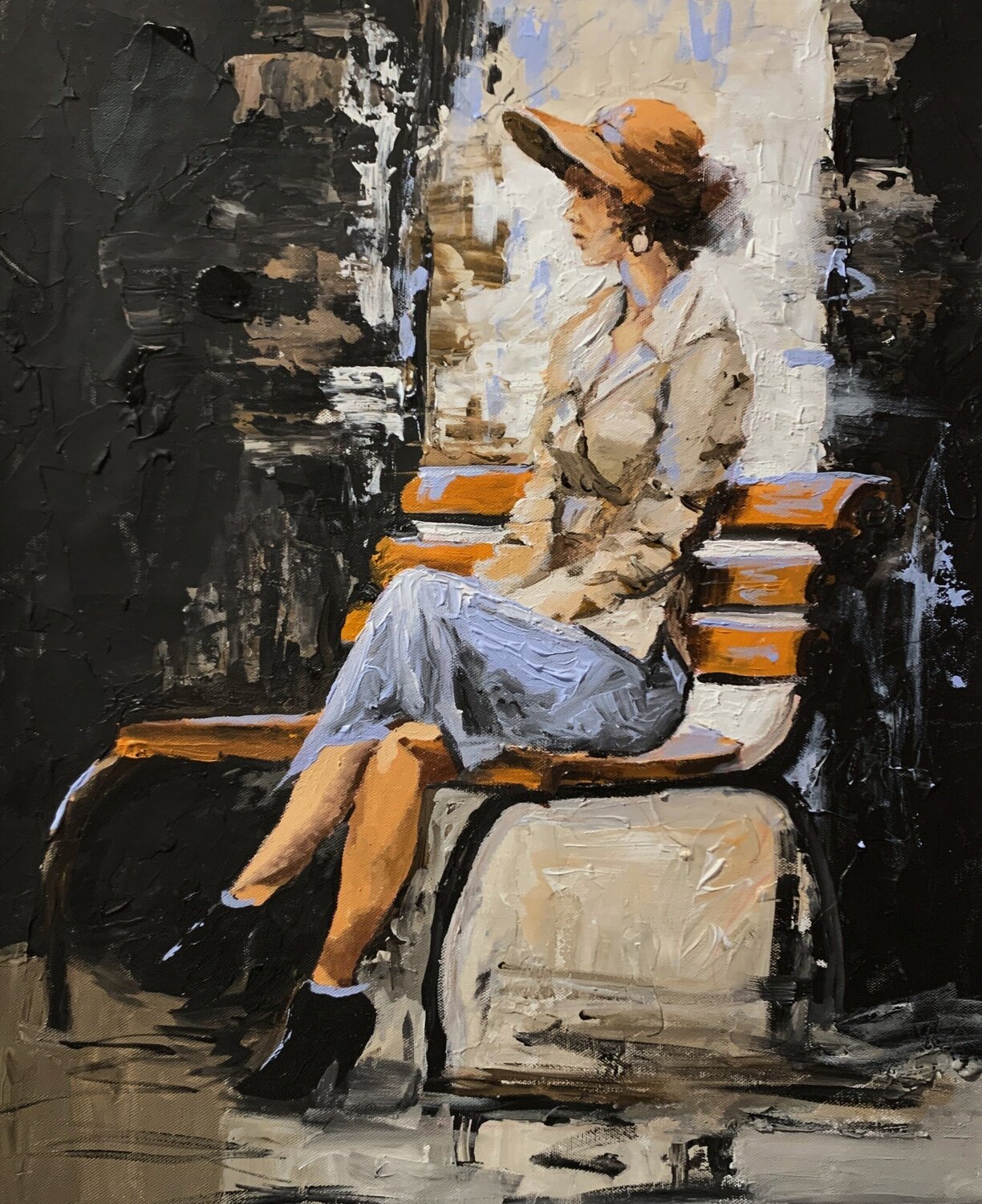 Elegant Woman on a Bench. Vita Schagen Peinture originale à vendre