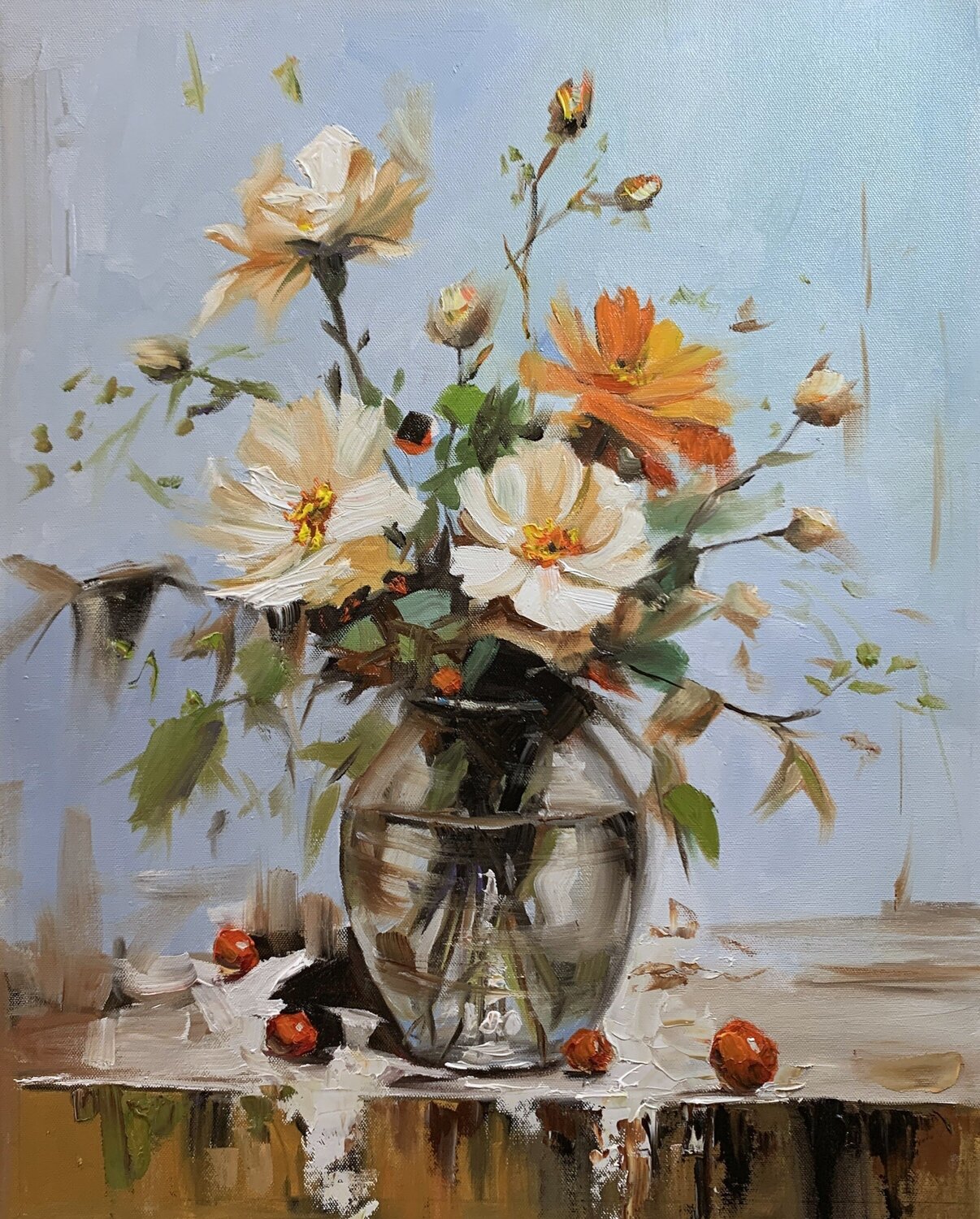 Wildflower Bouquet in Glass Vase. Vita Schagen Originalgemälde zu verkaufen