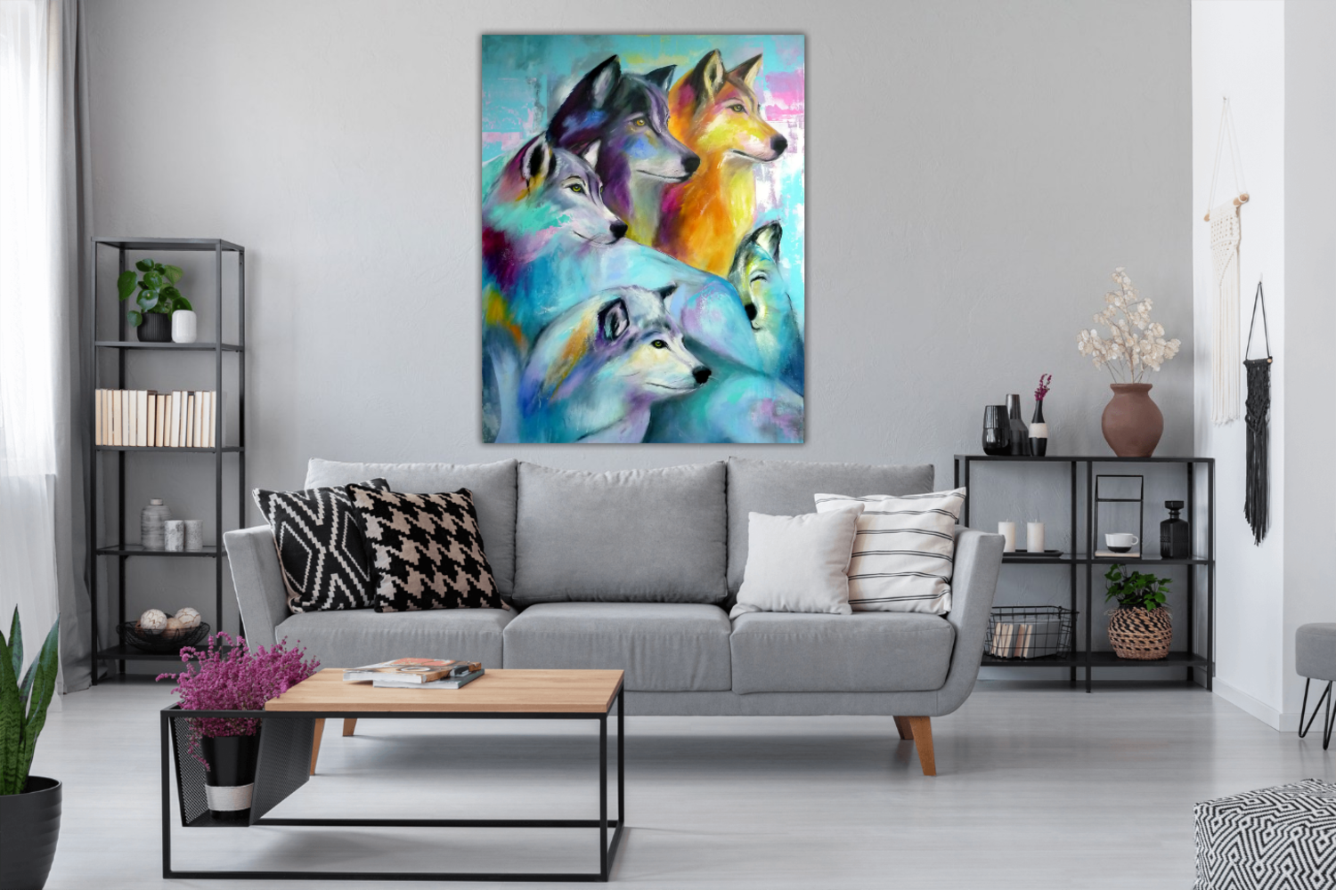 Wolfsrudel- die Wölfe - Manuela Rathje - Acryl, Buntstift auf Leinwand, image size:1500x1000