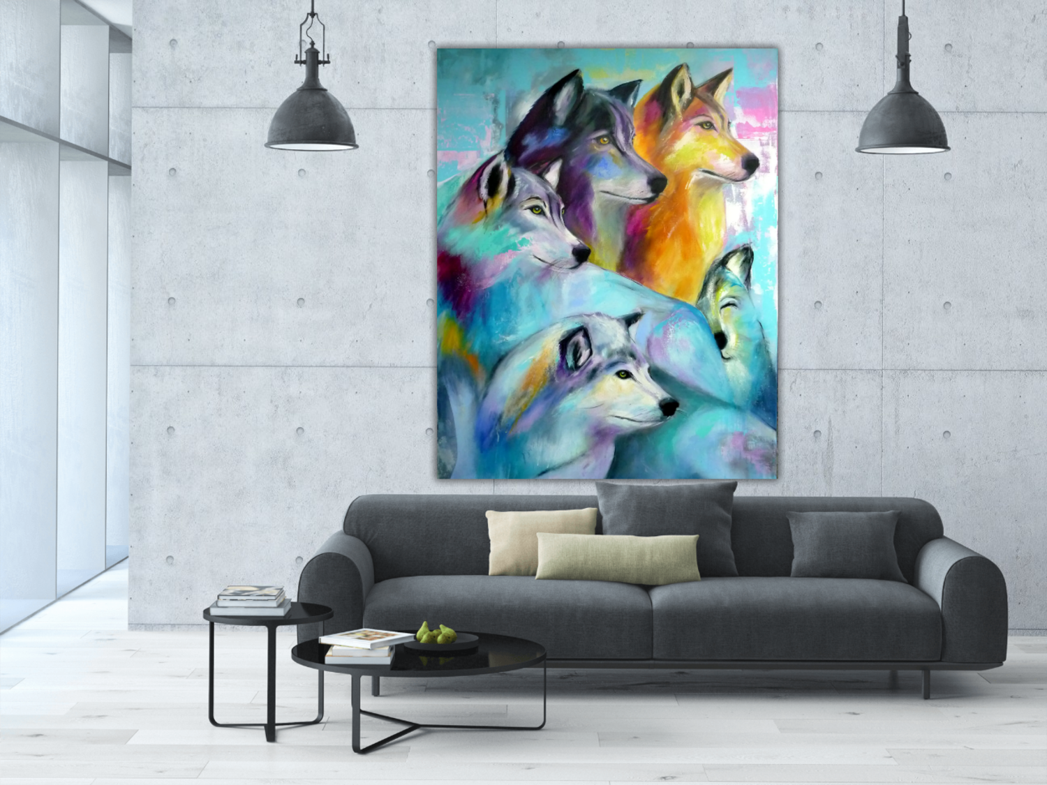 Wolfsrudel- die Wölfe - Manuela Rathje - Acryl, Buntstift auf Leinwand, image size:1500x1125