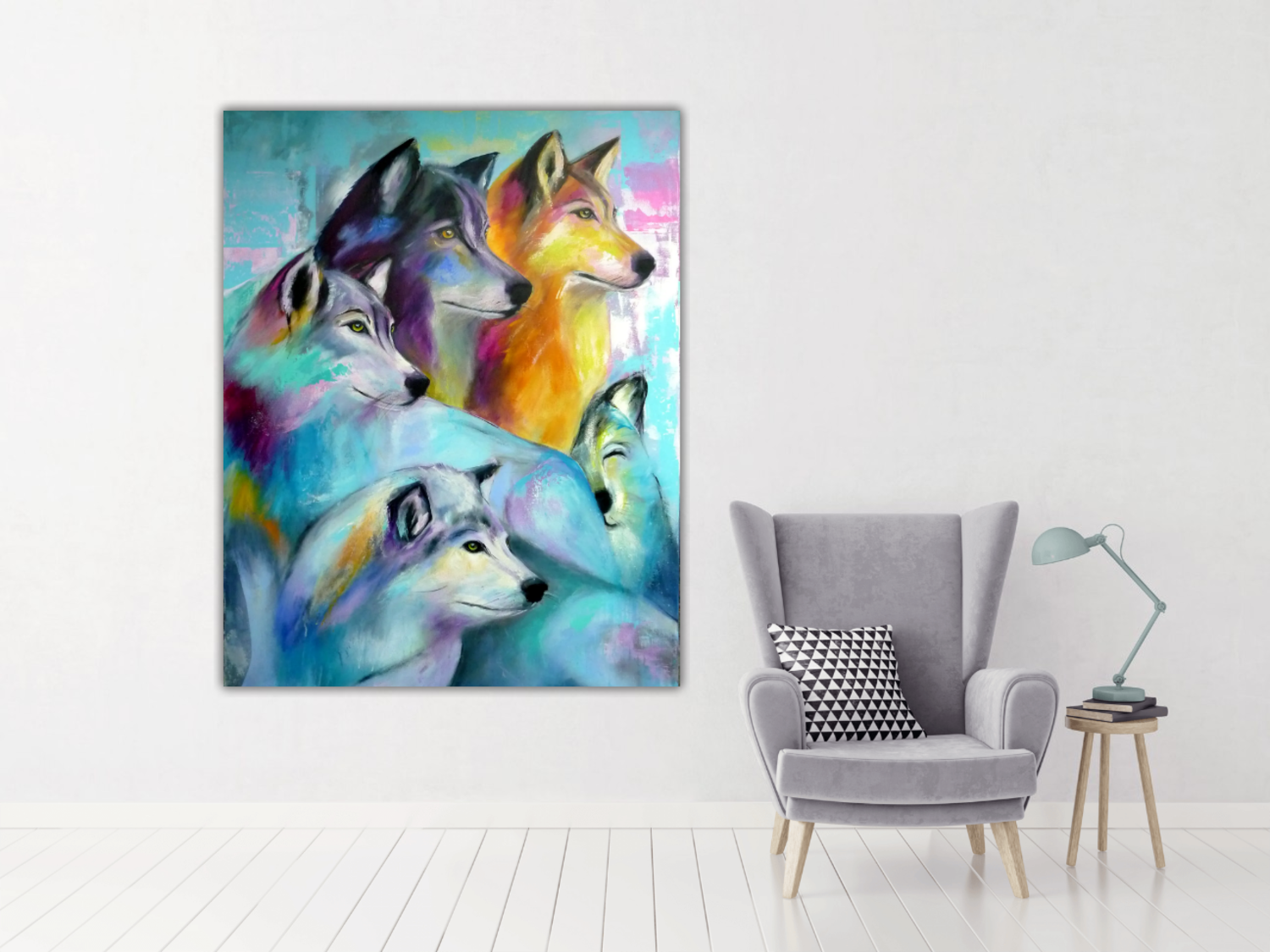 Wolfsrudel- die Wölfe - Manuela Rathje - Acryl, Buntstift auf Leinwand, image size:1500x1125