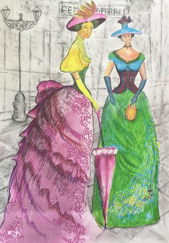 19th Century Fashion Ladies. par Mona Asmar Hecker, Œuvre sur papier en vente sur Singulart