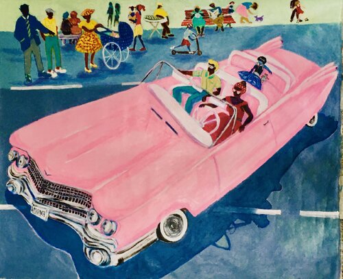 All I want for XMAS IS A 1955. convertible CADILLAC COUPE DE VILLE par Mona Asmar Hecker, Peinture en vente sur Singulart