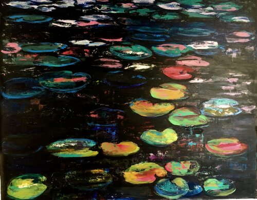 Waterlilies in the night van Mona Asmar Hecker, Schilderij te koop op Singulart