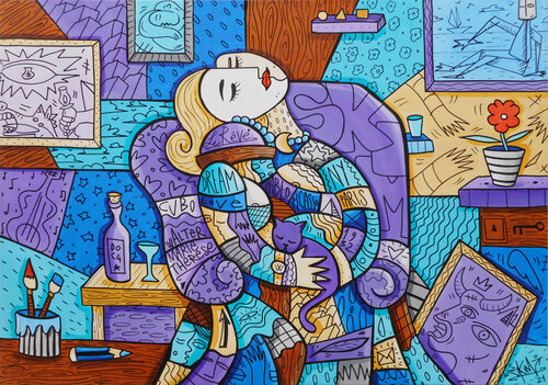 Marie e il gatto in Viola by SKIM Francesco Forconi, Painting for Sale on Singulart