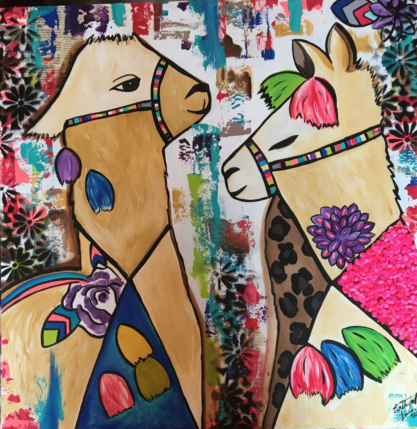 Llamas (Perseverance) Cinthya Picazo Origineel schilderij te koop