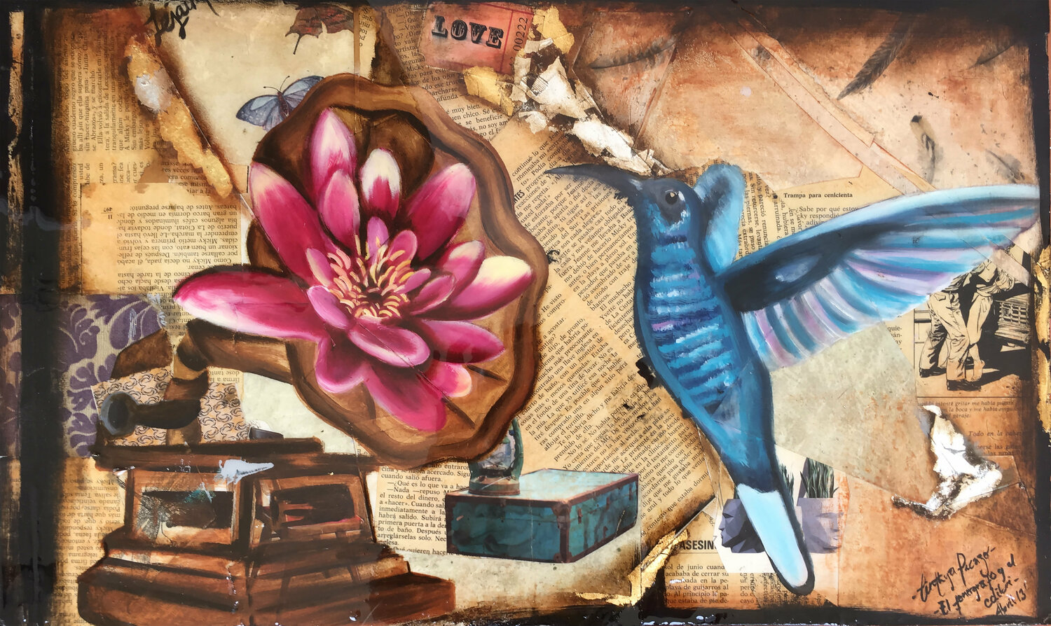 The phonographer and the hummingbird -Lejaim- Cinthya Picazo Origineel schilderij te koop