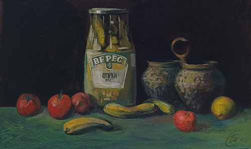 OHIRKY. Pickled cucumbers di Yaryna Shumska, Pittura in vendita su Singulart