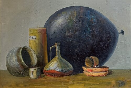 Still life with a candlestick that no longer exists di Yaryna Shumska, Pittura in vendita su Singulart