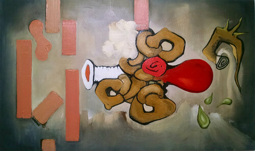 Pink Clouds, Squirrel Nest & Red Balloon by Brenda Barnum, Painting for Sale on Singulart