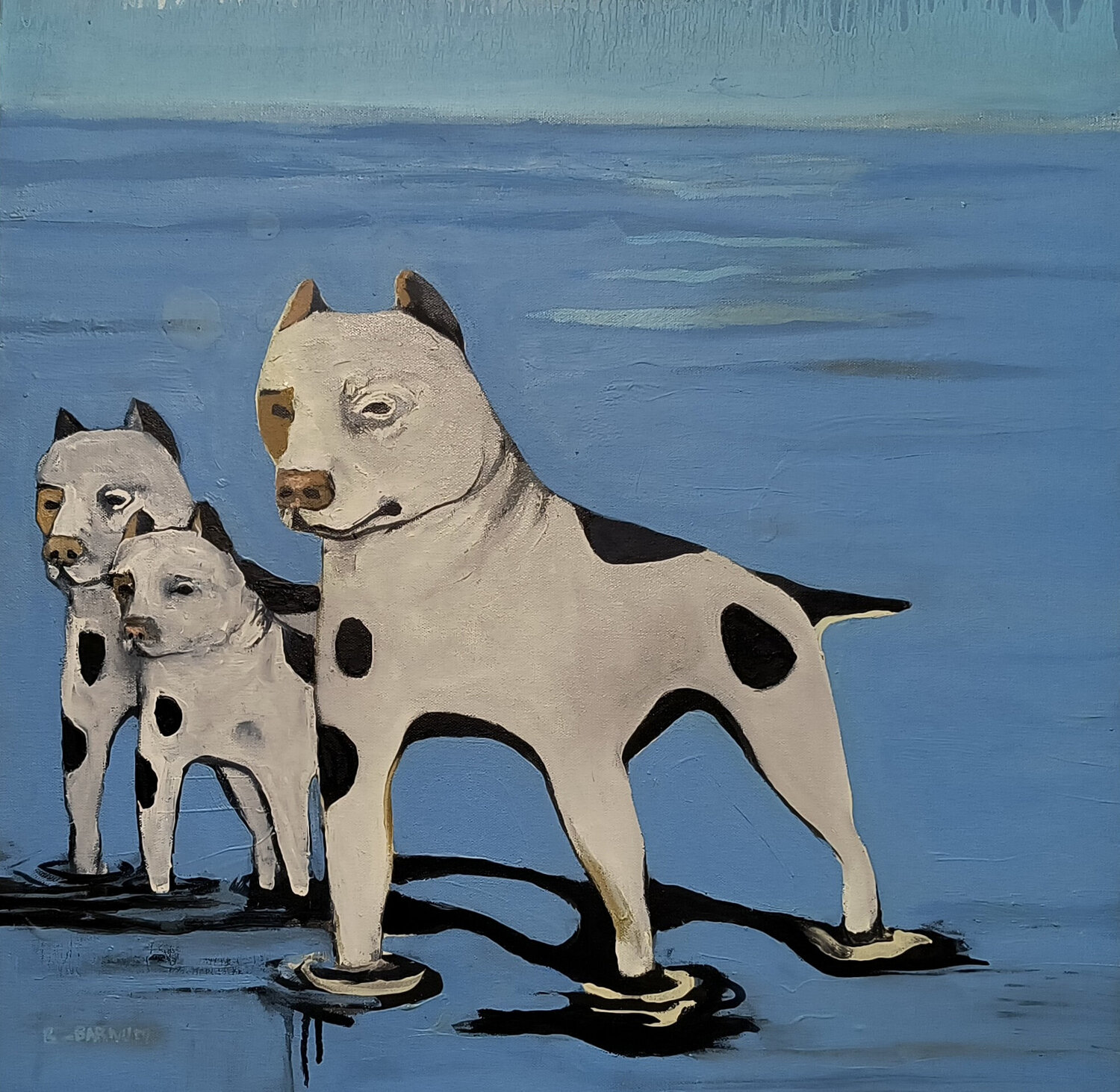 American Bulldog Family Knee deep Brenda Barnum Originalgemälde zu verkaufen