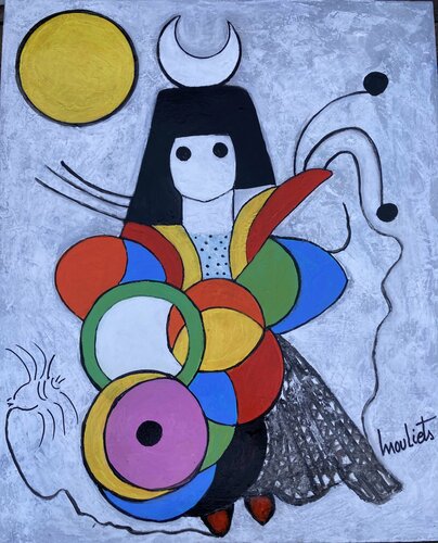 Petite fille qui danse avec la lune sur la tête di Mariam Mouliets, Pittura in vendita su Singulart