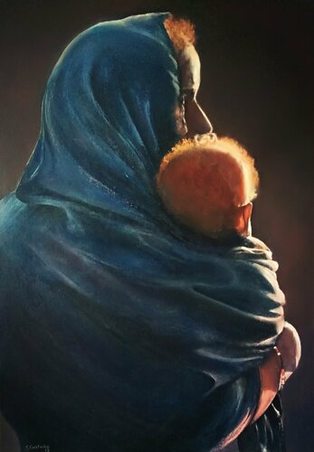 Mujer con niño al ponerse el sol van Tomás Castaño, Schilderij te koop op Singulart