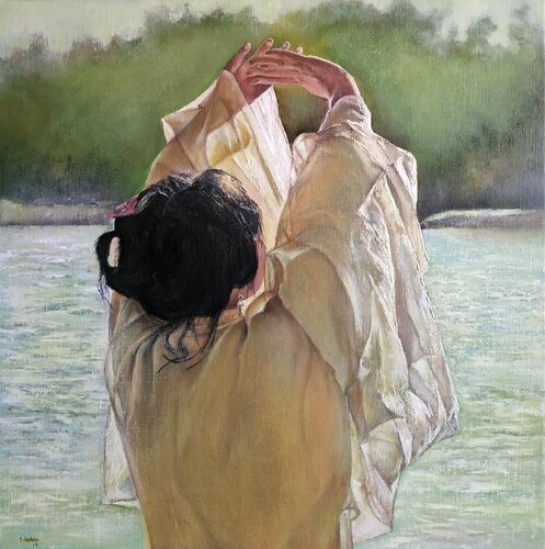 Mujer joven en postura Zen. par Tomás Castaño, Peinture en vente sur Singulart