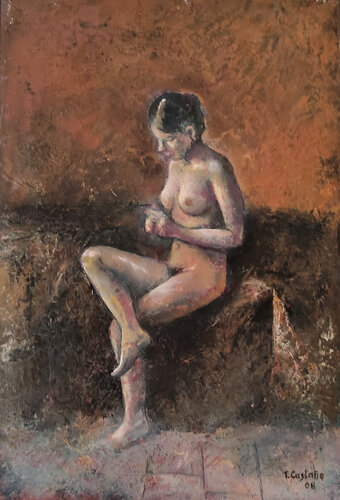 Mujer reflexionando sobre la cama par Tomás Castaño, Peinture en vente sur Singulart