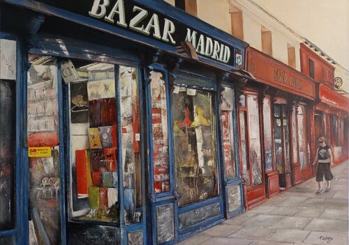 Bazares en la Plaza Mayor- Madrid van Tomás Castaño, Schilderij te koop op Singulart