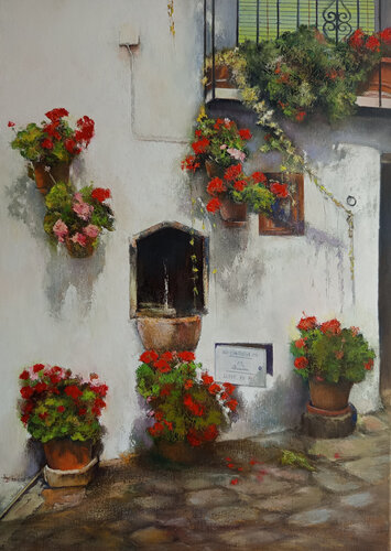 Rincón de los geranios- Las Alpujarras- Granada di Tomás Castaño, Pittura in vendita su Singulart
